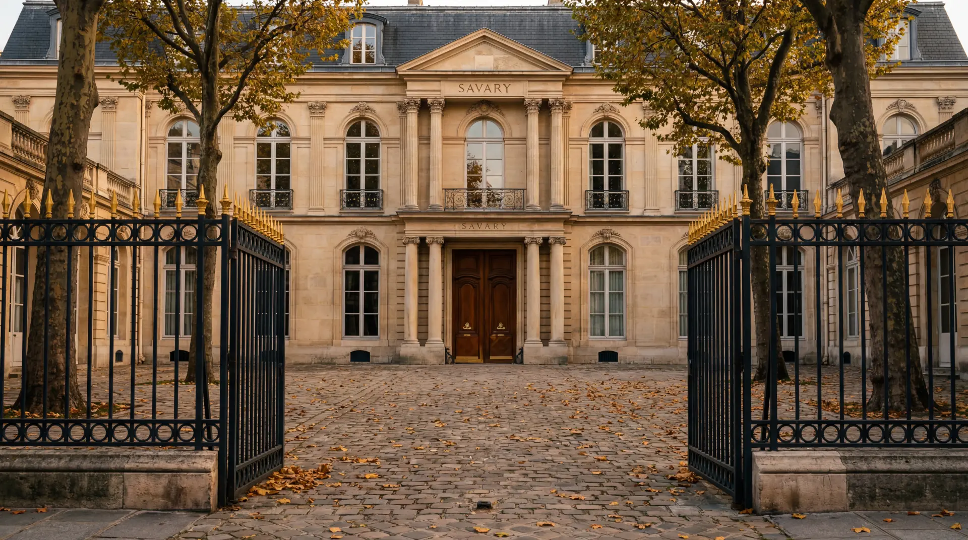Historisches Pariser Palais von Savary Capital, Faubourg Saint-Honoré, mit Ehrenhof und schmiedeeisernem Tor im Herbst
