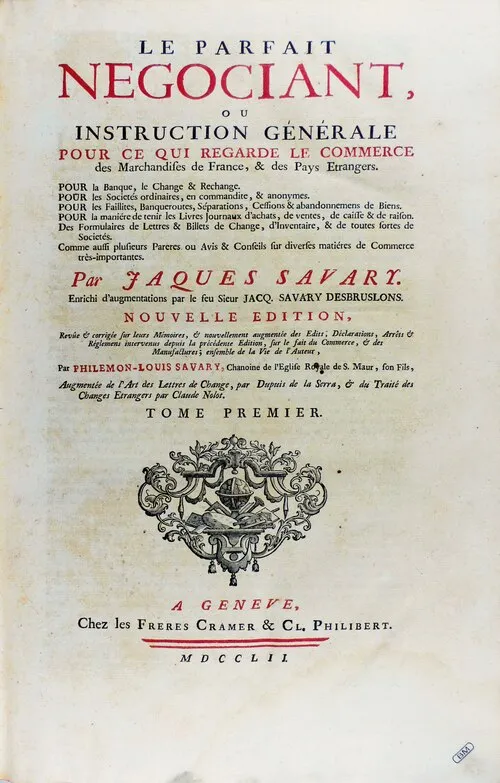 Le Parfait Négociant, édition de 1752, page de titre