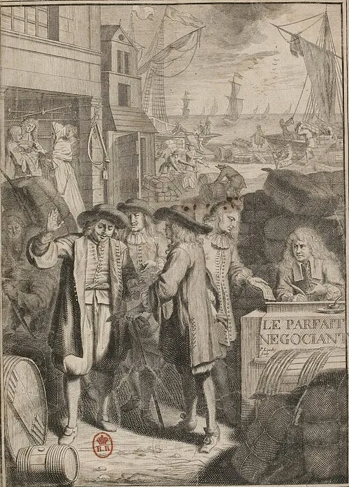 Frontispiz von Le Parfait Négociant von Jacques Savary, Paris 1675, Kupferstich mit Kaufleuten am Hafen